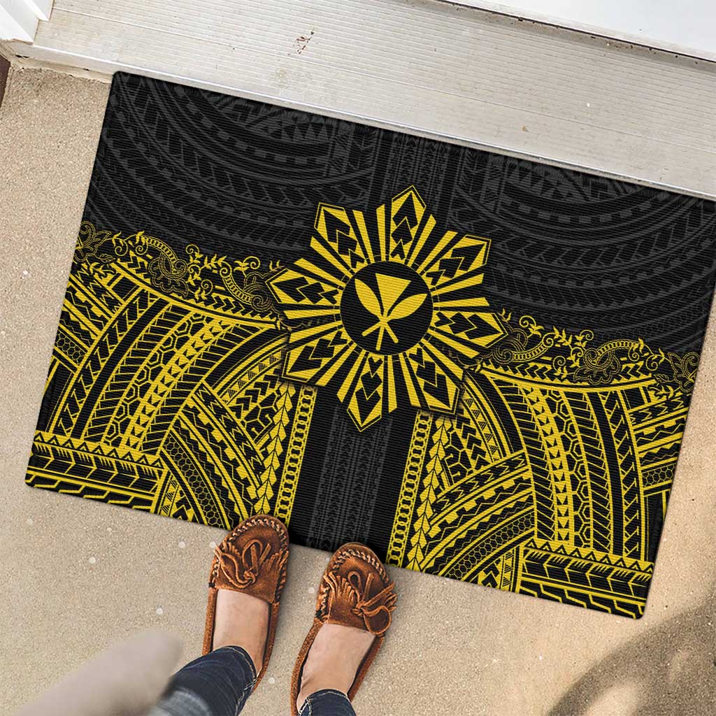Hawaii And Philippines Together Rubber Doormat Polynesian Pattern With Filipino Barong Gold