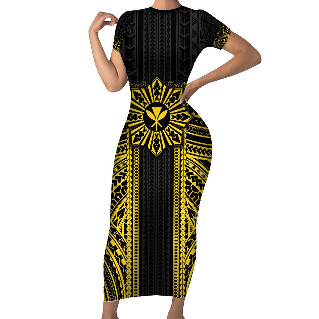 Hawaii And Philippines Together Short Sleeve Bodycon Dress Polynesian Pattern With Filipino Barong Gold