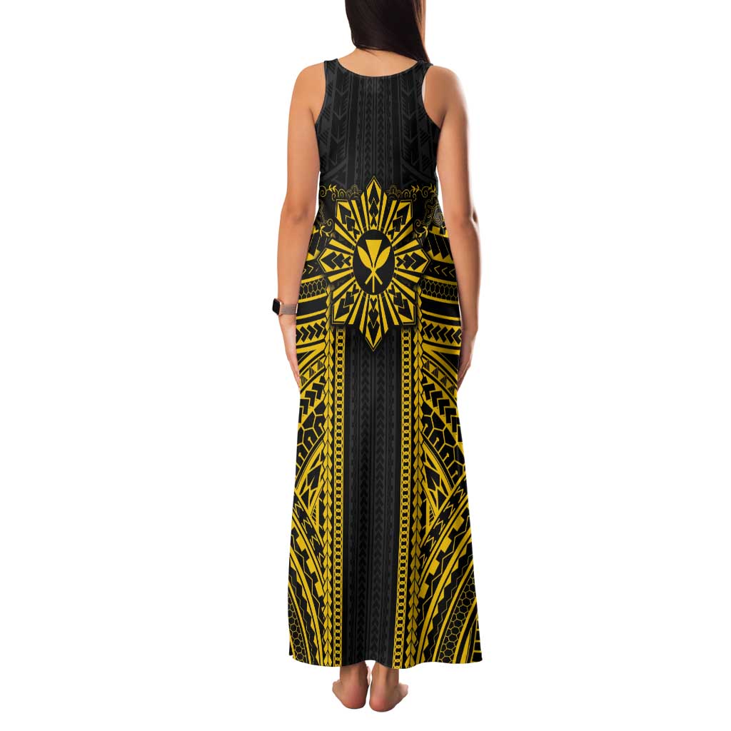 Hawaii And Philippines Together Tank Maxi Dress Polynesian Pattern With Filipino Barong Gold LT05 - Polynesian Pride