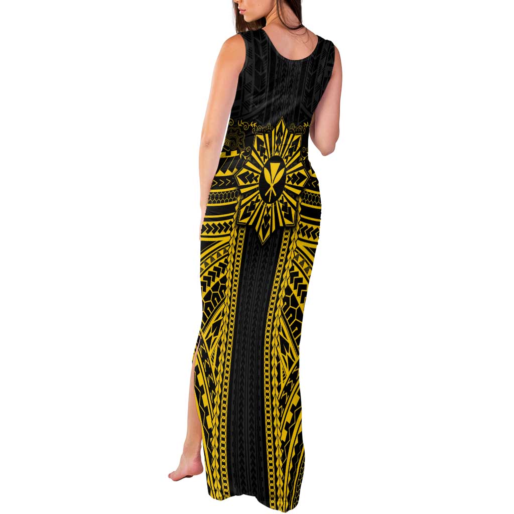 Hawaii And Philippines Together Tank Maxi Dress Polynesian Pattern With Filipino Barong Gold LT05 - Polynesian Pride