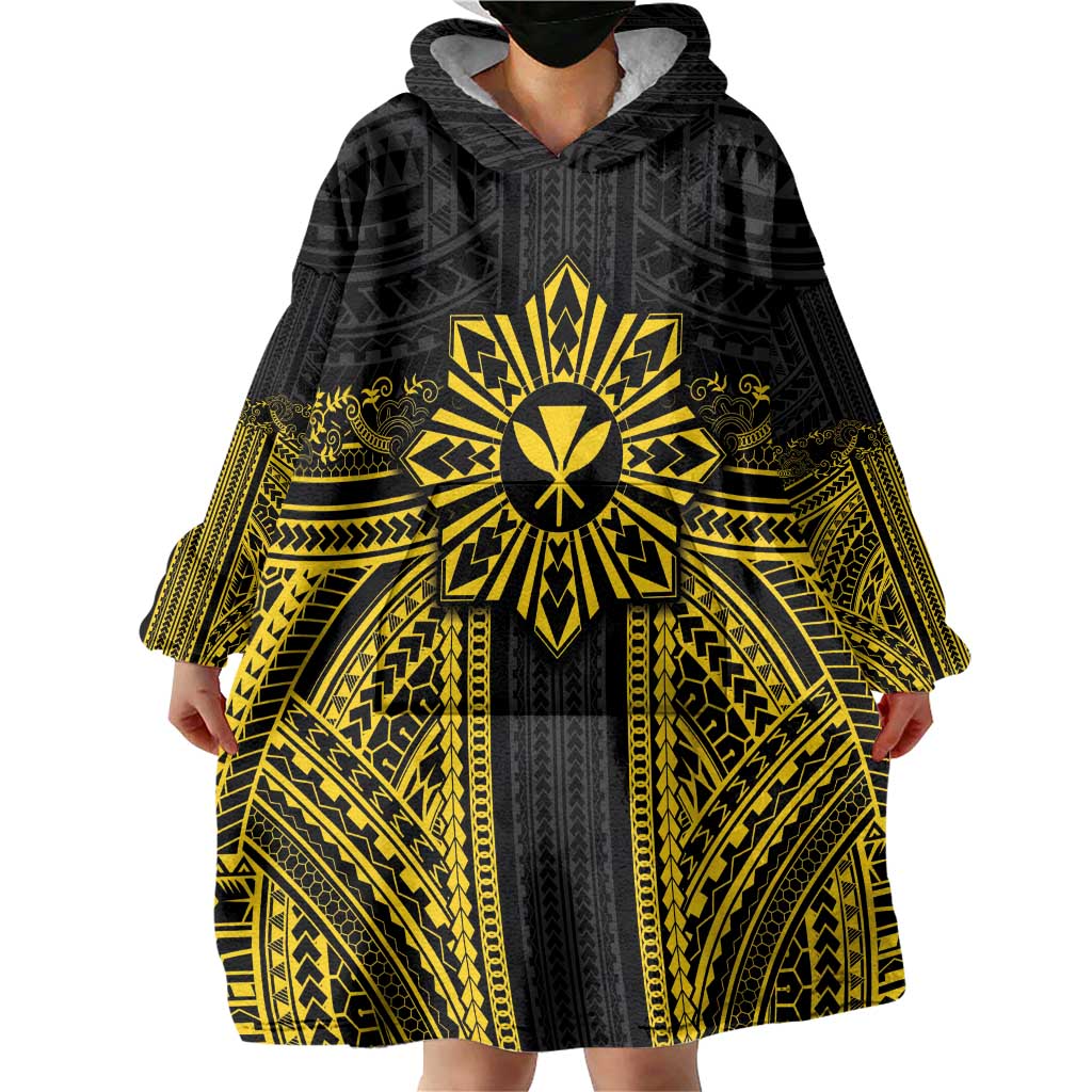 Hawaii And Philippines Together Wearable Blanket Hoodie Polynesian Pattern With Filipino Barong Gold