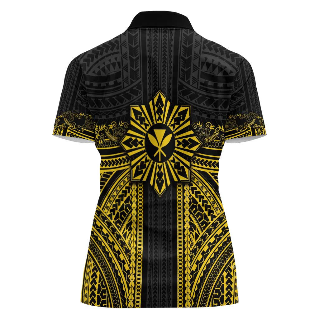 Hawaii And Philippines Together Women Polo Shirt Polynesian Pattern With Filipino Barong Gold