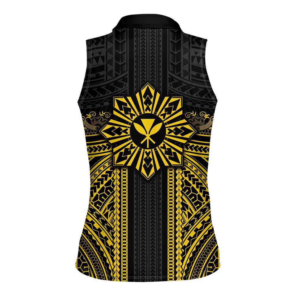 Hawaii And Philippines Together Women Sleeveless Polo Shirt Polynesian Pattern With Filipino Barong Gold