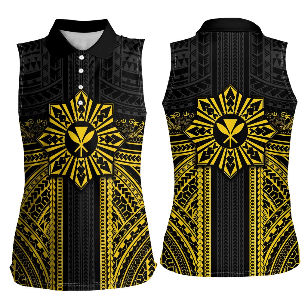 Hawaii And Philippines Together Women Sleeveless Polo Shirt Polynesian Pattern With Filipino Barong Gold