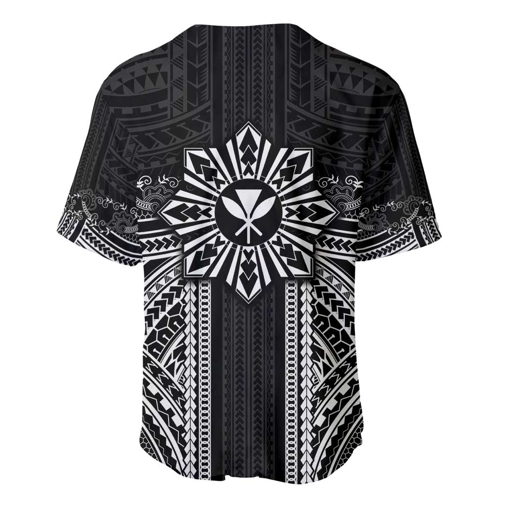 Hawaii And Philippines Together Baseball Jersey Polynesian Pattern With Filipino Barong Black