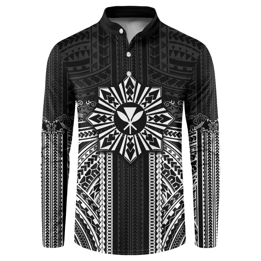 Hawaii And Philippines Together Button Sweatshirt Polynesian Pattern With Filipino Barong Black LT05 Black - Polynesian Pride