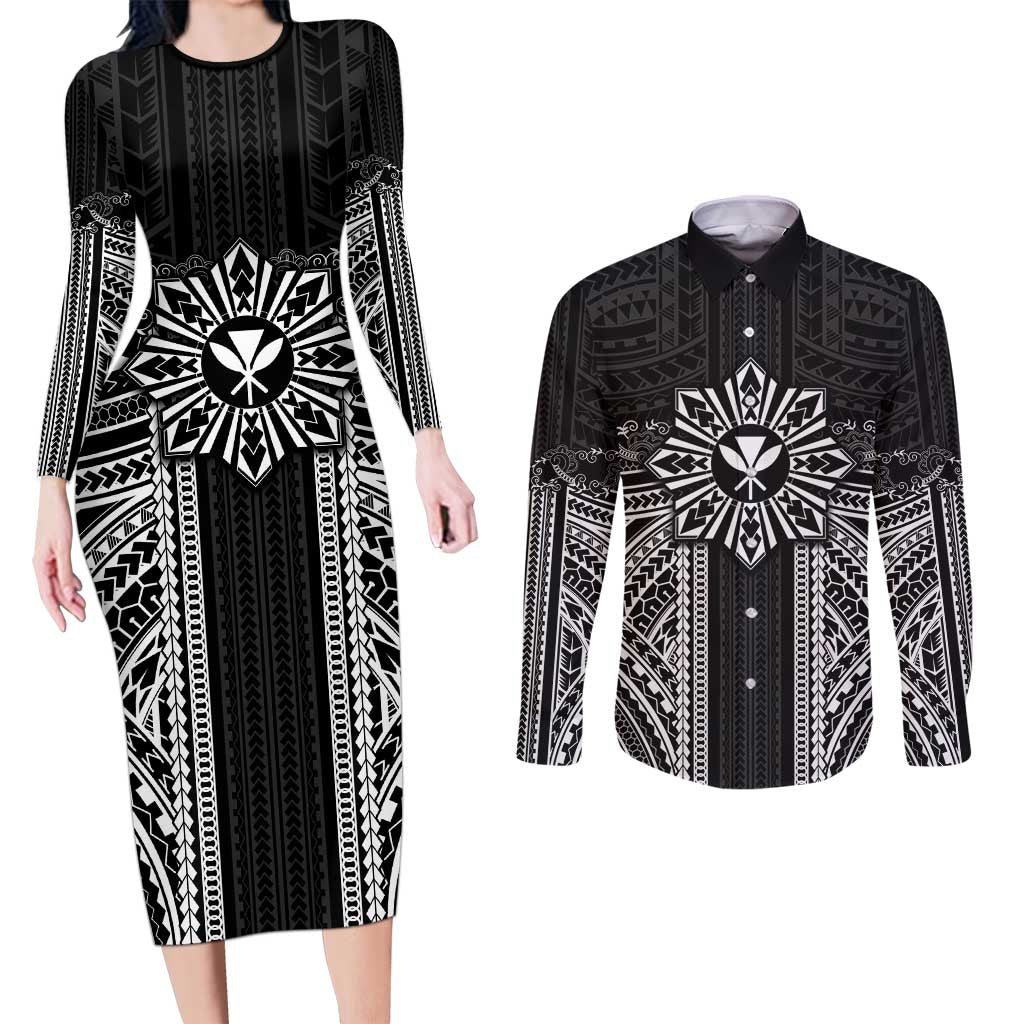 Hawaii And Philippines Together Couples Matching Long Sleeve Bodycon Dress and Long Sleeve Button Shirt Polynesian Pattern With Filipino Barong Black LT05 Black - Polynesian Pride