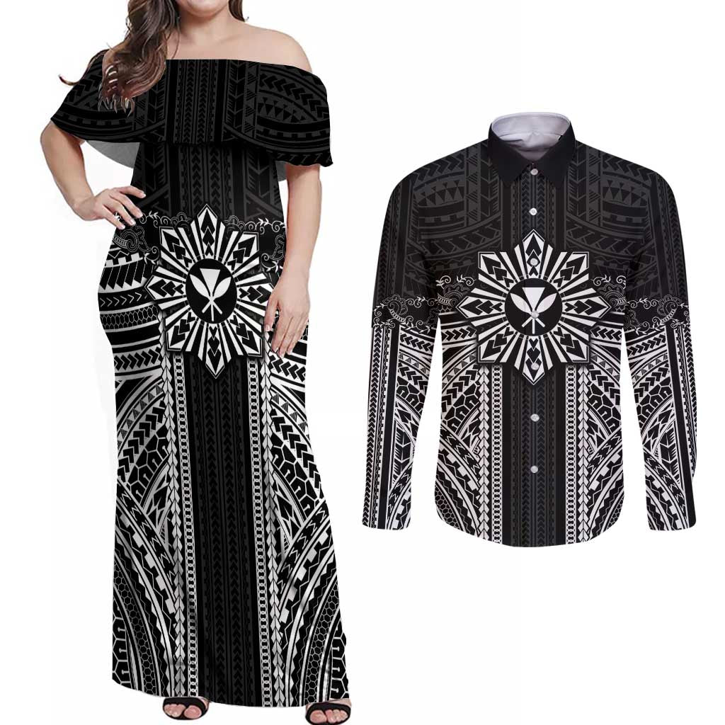Hawaii And Philippines Together Couples Matching Off Shoulder Maxi Dress and Long Sleeve Button Shirt Polynesian Pattern With Filipino Barong Black LT05 Black - Polynesian Pride