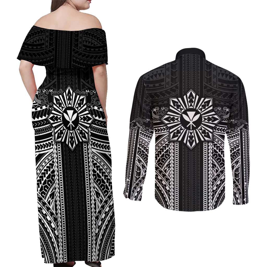Hawaii And Philippines Together Couples Matching Off Shoulder Maxi Dress and Long Sleeve Button Shirt Polynesian Pattern With Filipino Barong Black