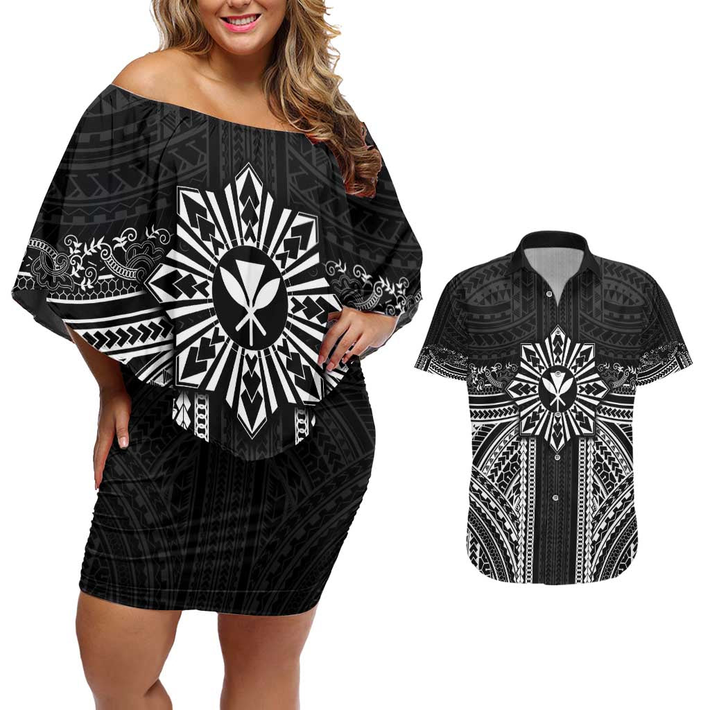 Hawaii And Philippines Together Couples Matching Off Shoulder Short Dress and Hawaiian Shirt Polynesian Pattern With Filipino Barong Black LT05 Black - Polynesian Pride