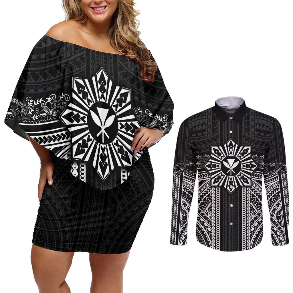 Hawaii And Philippines Together Couples Matching Off Shoulder Short Dress and Long Sleeve Button Shirt Polynesian Pattern With Filipino Barong Black LT05 Black - Polynesian Pride