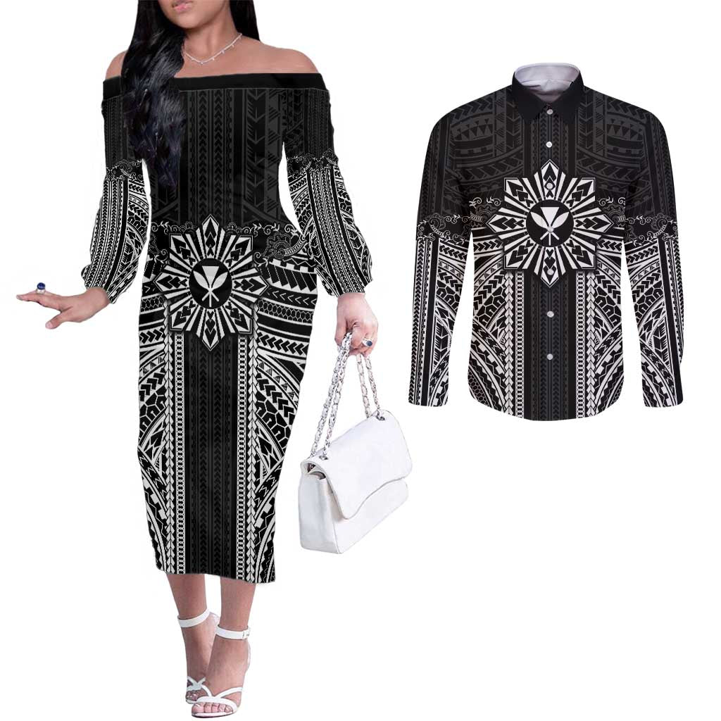 Hawaii And Philippines Together Couples Matching Off The Shoulder Long Sleeve Dress and Long Sleeve Button Shirt Polynesian Pattern With Filipino Barong Black LT05 Black - Polynesian Pride