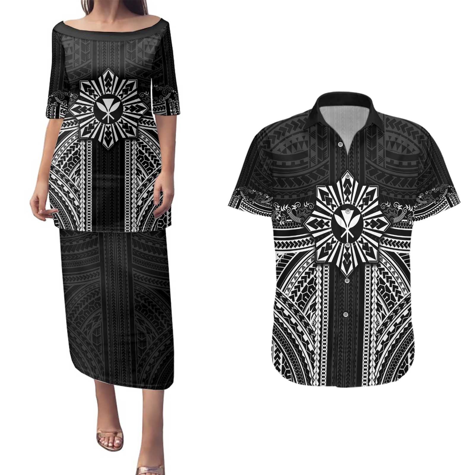 Hawaii And Philippines Together Couples Matching Puletasi and Hawaiian Shirt Polynesian Pattern With Filipino Barong Black