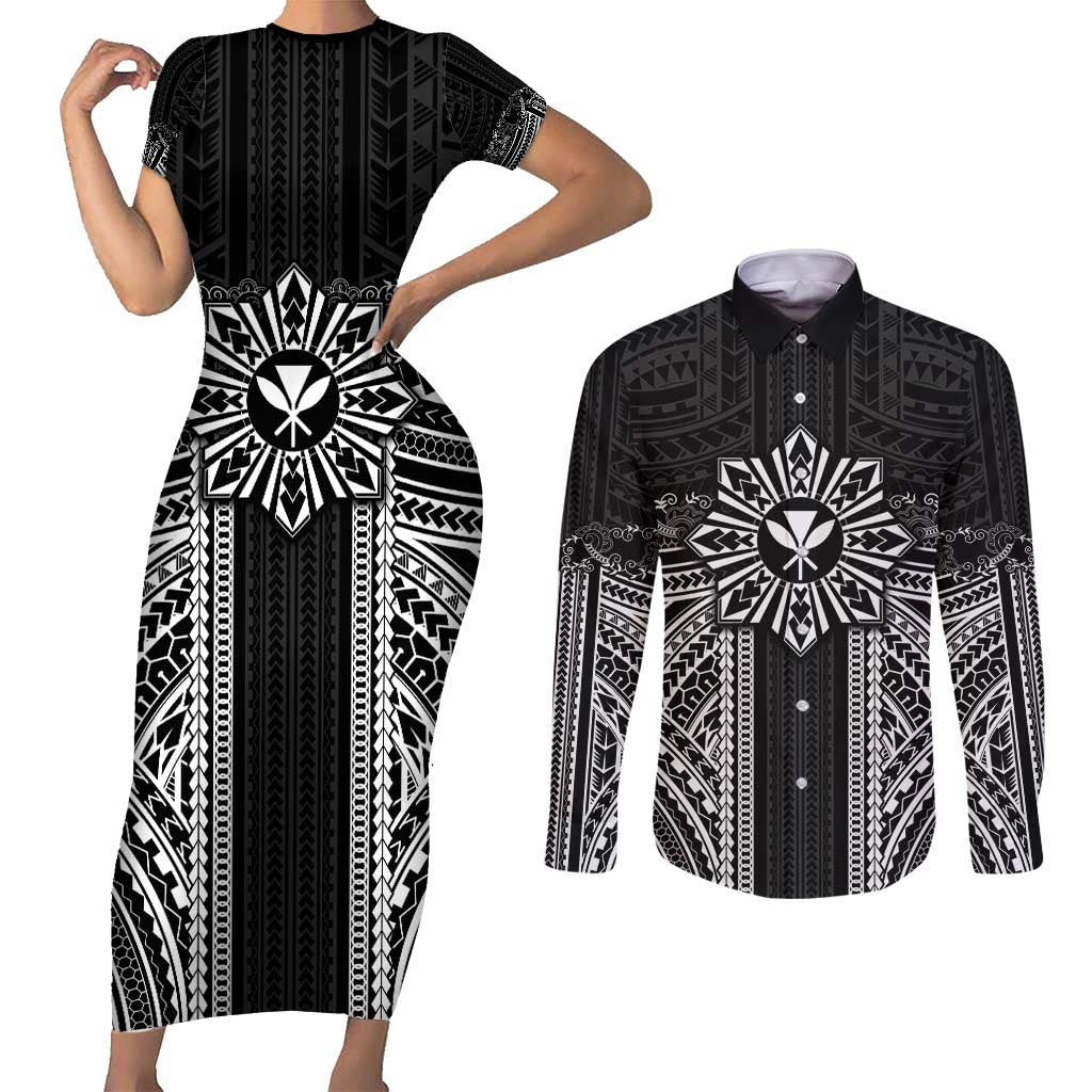 Hawaii And Philippines Together Couples Matching Short Sleeve Bodycon Dress and Long Sleeve Button Shirt Polynesian Pattern With Filipino Barong Black LT05 Black - Polynesian Pride