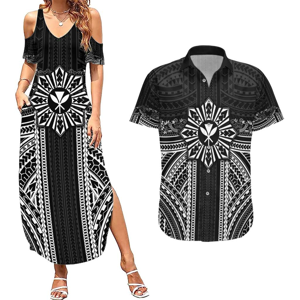Hawaii And Philippines Together Couples Matching Summer Maxi Dress and Hawaiian Shirt Polynesian Pattern With Filipino Barong Black LT05 Black - Polynesian Pride