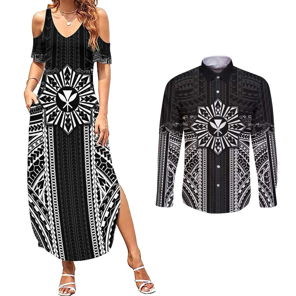 Hawaii And Philippines Together Couples Matching Summer Maxi Dress and Long Sleeve Button Shirt Polynesian Pattern With Filipino Barong Black LT05 Black - Polynesian Pride