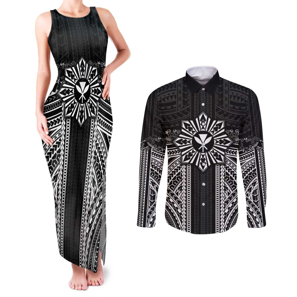 Hawaii And Philippines Together Couples Matching Tank Maxi Dress and Long Sleeve Button Shirt Polynesian Pattern With Filipino Barong Black LT05 Black - Polynesian Pride