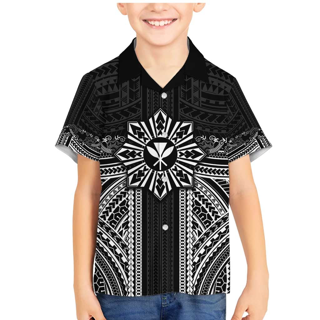 Hawaii And Philippines Together Family Matching Mermaid Dress and Hawaiian Shirt Polynesian Pattern With Filipino Barong Black