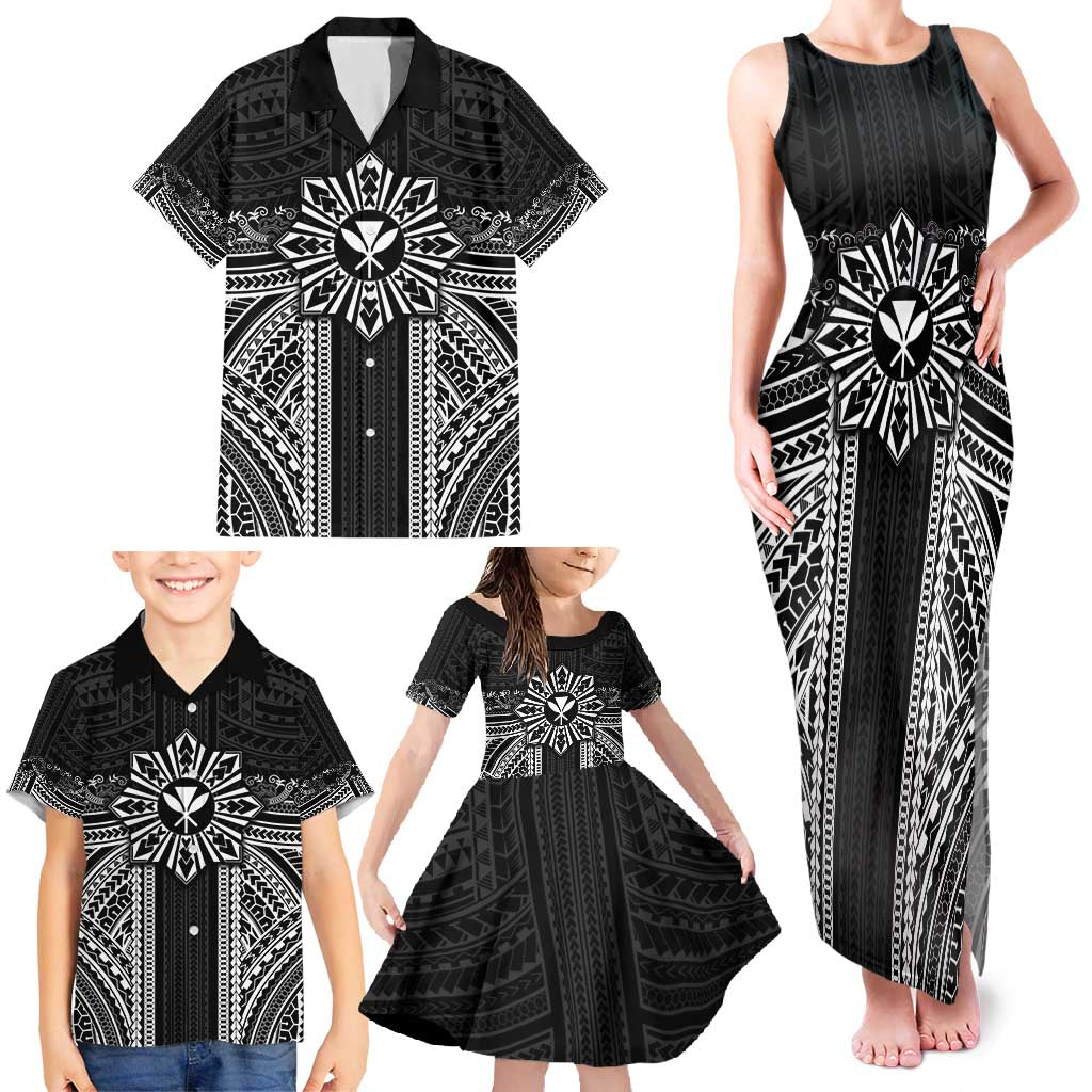 Hawaii And Philippines Together Family Matching Tank Maxi Dress and Hawaiian Shirt Polynesian Pattern With Filipino Barong Black