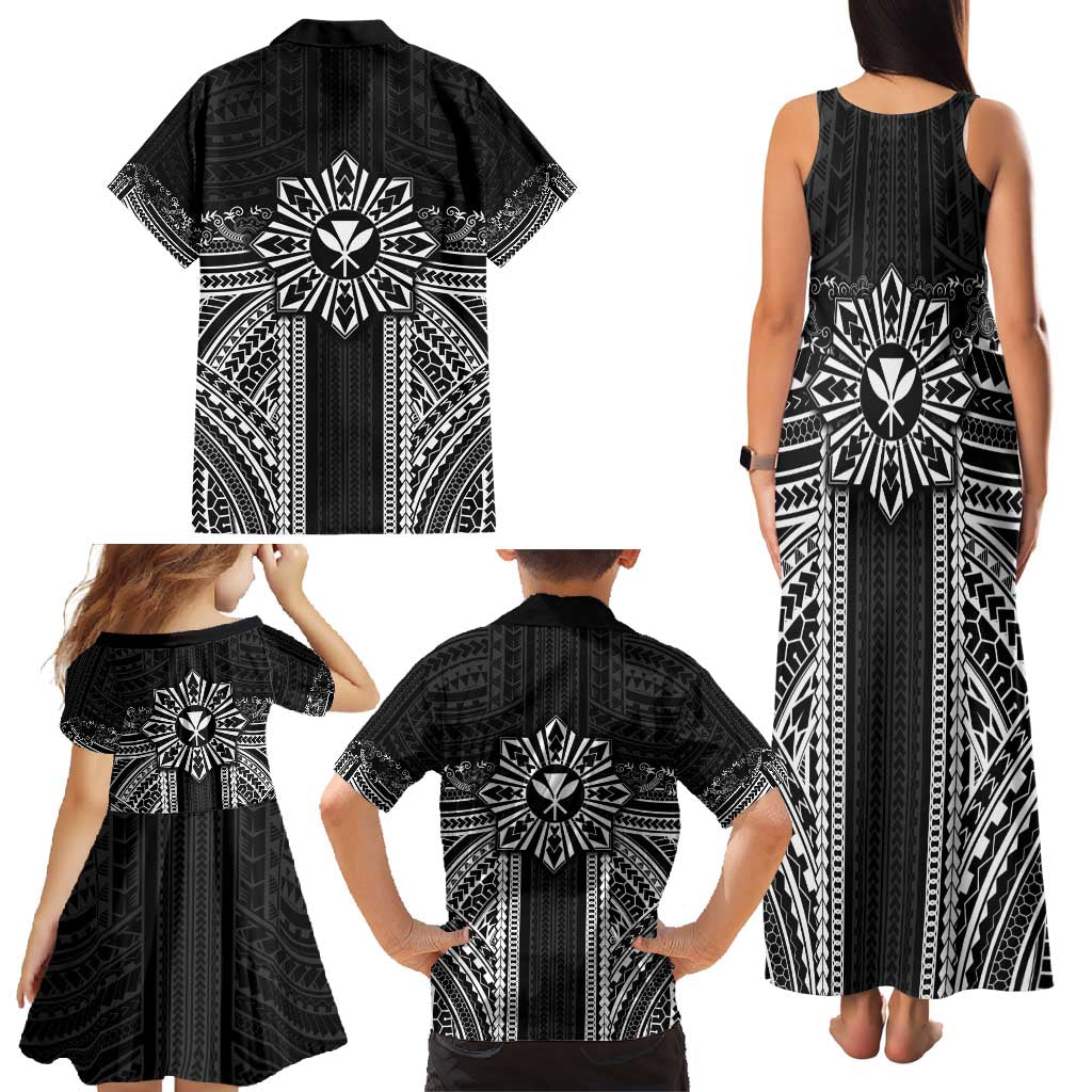 Hawaii And Philippines Together Family Matching Tank Maxi Dress and Hawaiian Shirt Polynesian Pattern With Filipino Barong Black