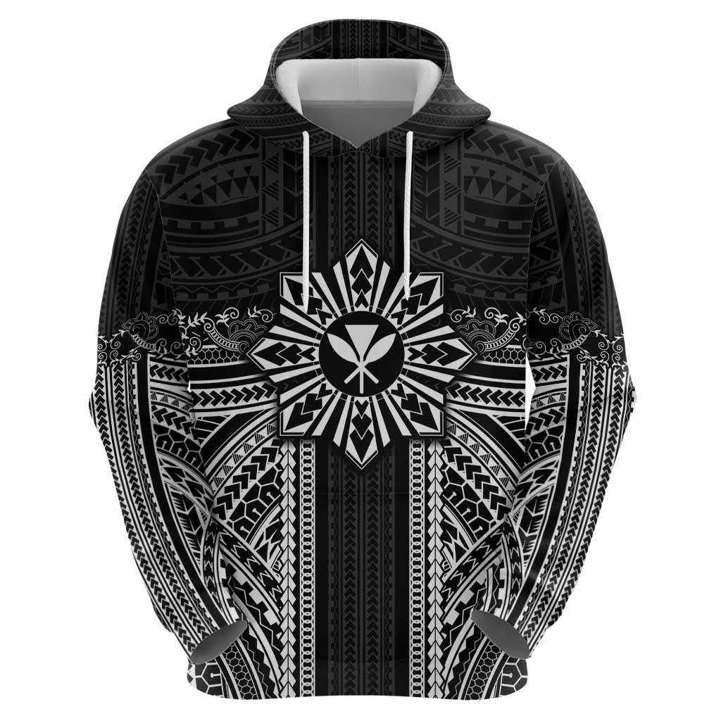 Hawaii And Philippines Together Hoodie Polynesian Pattern With Filipino Barong Black