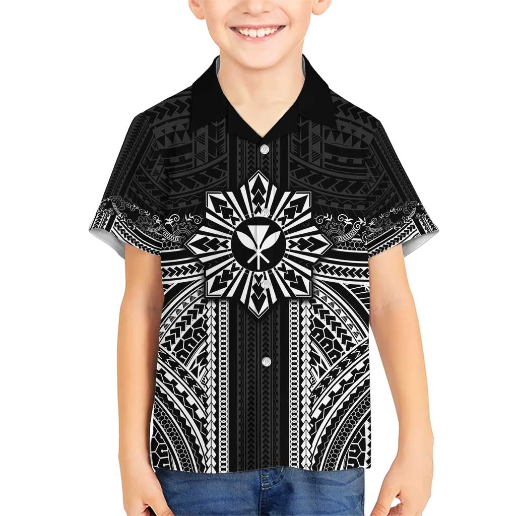 Hawaii And Philippines Together Kid Hawaiian Shirt Polynesian Pattern With Filipino Barong Black LT05 Kid Black - Polynesian Pride