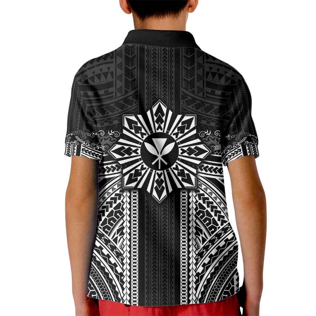 Hawaii And Philippines Together Kid Polo Shirt Polynesian Pattern With Filipino Barong Black