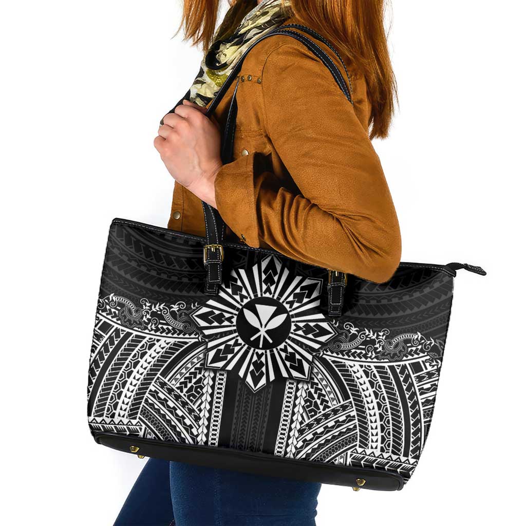 Hawaii And Philippines Together Leather Tote Bag Polynesian Pattern With Filipino Barong Black LT05 Black - Polynesian Pride