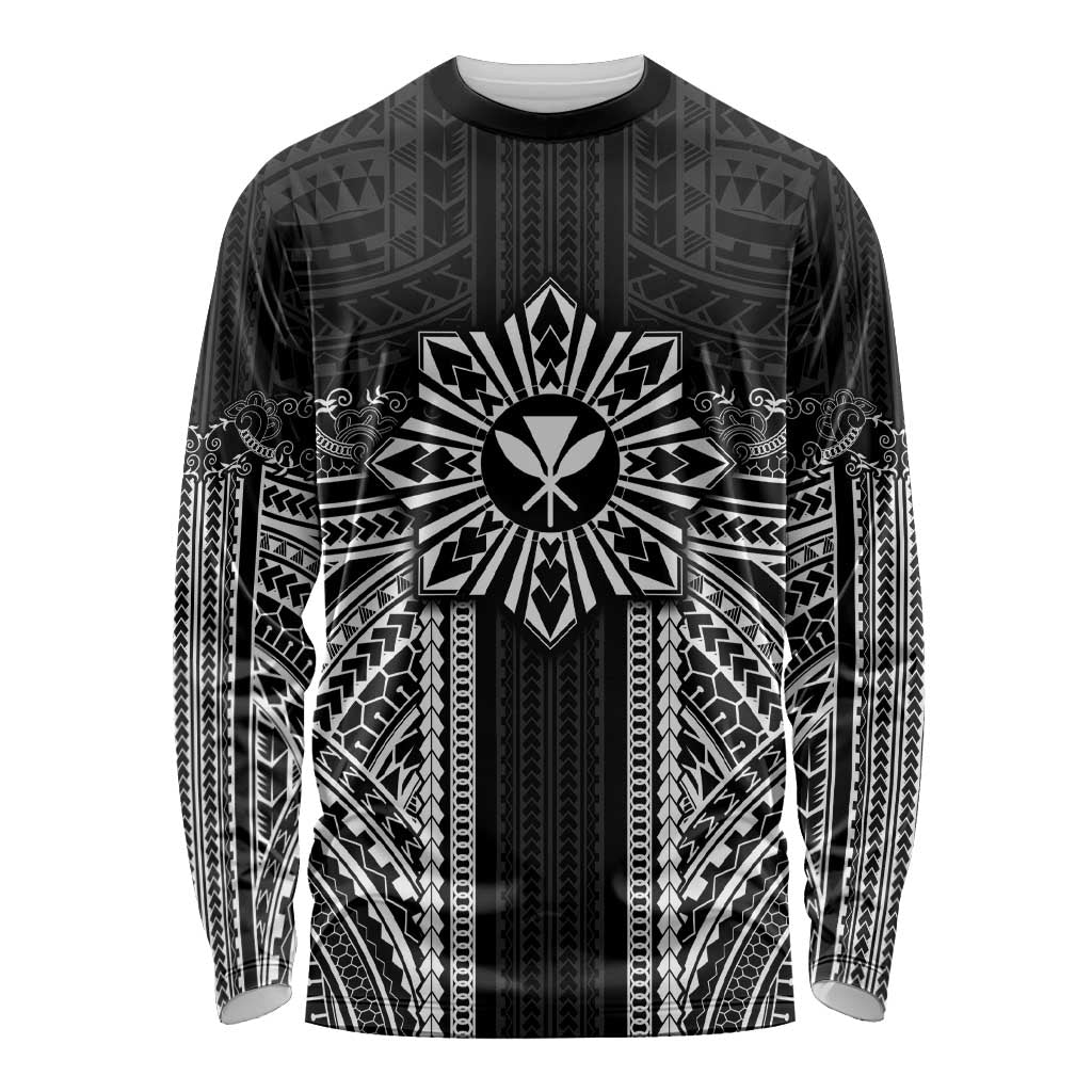 Hawaii And Philippines Together Long Sleeve Shirt Polynesian Pattern With Filipino Barong Black LT05 Unisex Black - Polynesian Pride