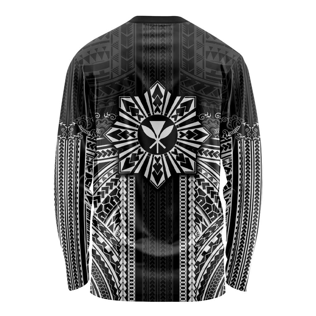 Hawaii And Philippines Together Long Sleeve Shirt Polynesian Pattern With Filipino Barong Black LT05 - Polynesian Pride