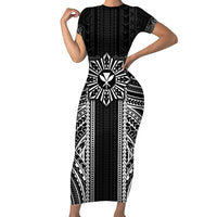 Hawaii And Philippines Together Short Sleeve Bodycon Dress Polynesian Pattern With Filipino Barong Black LT05 Long Dress Black - Polynesian Pride