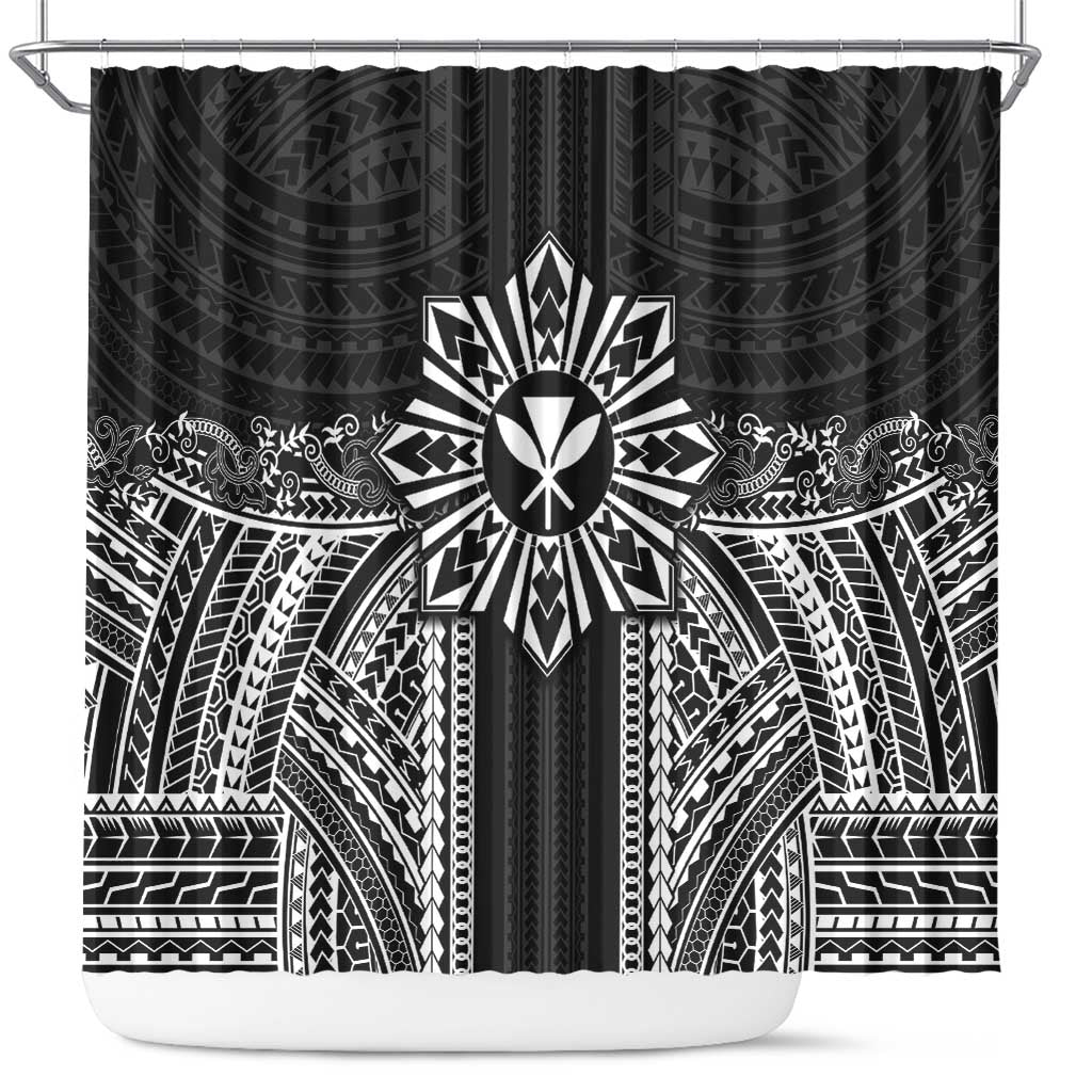Hawaii And Philippines Together Shower Curtain Polynesian Pattern With Filipino Barong Black LT05 Black - Polynesian Pride