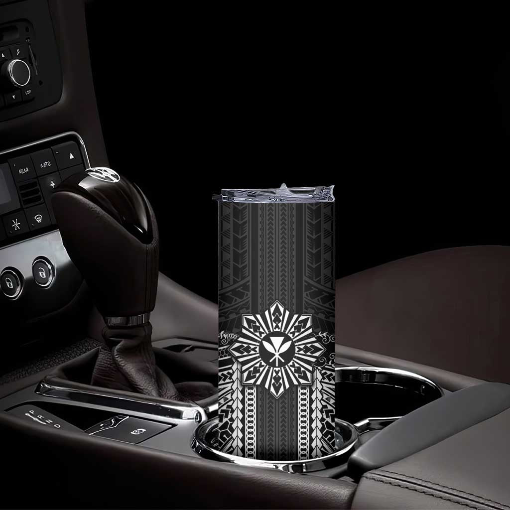 Hawaii And Philippines Together Skinny Tumbler Polynesian Pattern With Filipino Barong Black
