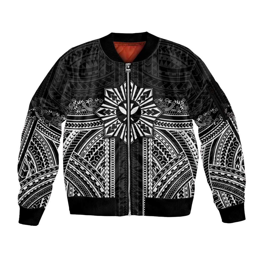 Hawaii And Philippines Together Sleeve Zip Bomber Jacket Polynesian Pattern With Filipino Barong Black LT05 Unisex Black - Polynesian Pride