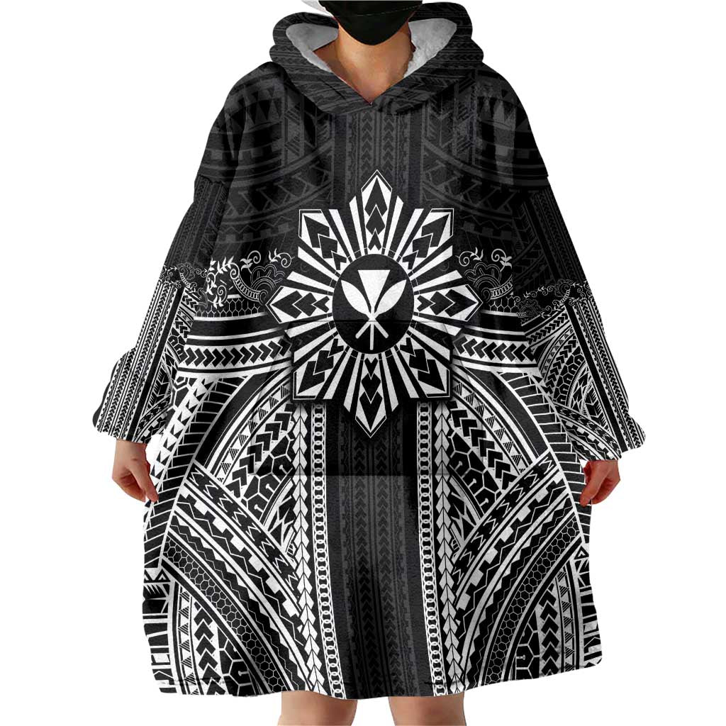 Hawaii And Philippines Together Wearable Blanket Hoodie Polynesian Pattern With Filipino Barong Black
