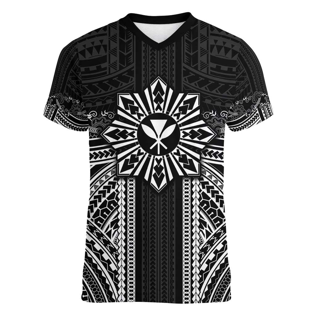 Hawaii And Philippines Together Women V-Neck T-Shirt Polynesian Pattern With Filipino Barong Black LT05 Female Black - Polynesian Pride