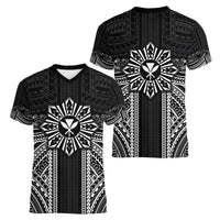 Hawaii And Philippines Together Women V-Neck T-Shirt Polynesian Pattern With Filipino Barong Black