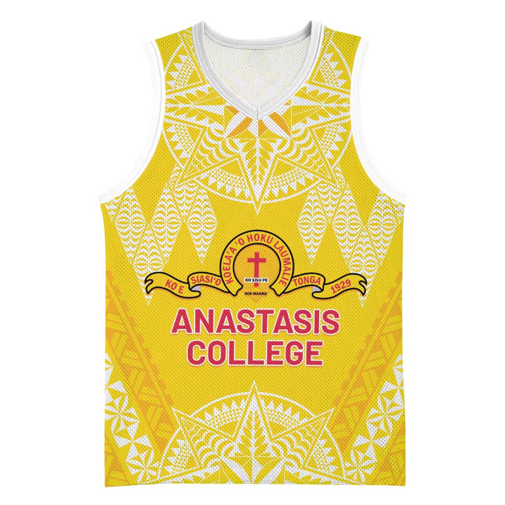 Personalised Anastasis College Basketball Jersey Tonga Ngatu Pattern LT05 Unisex Yellow - Polynesian Pride