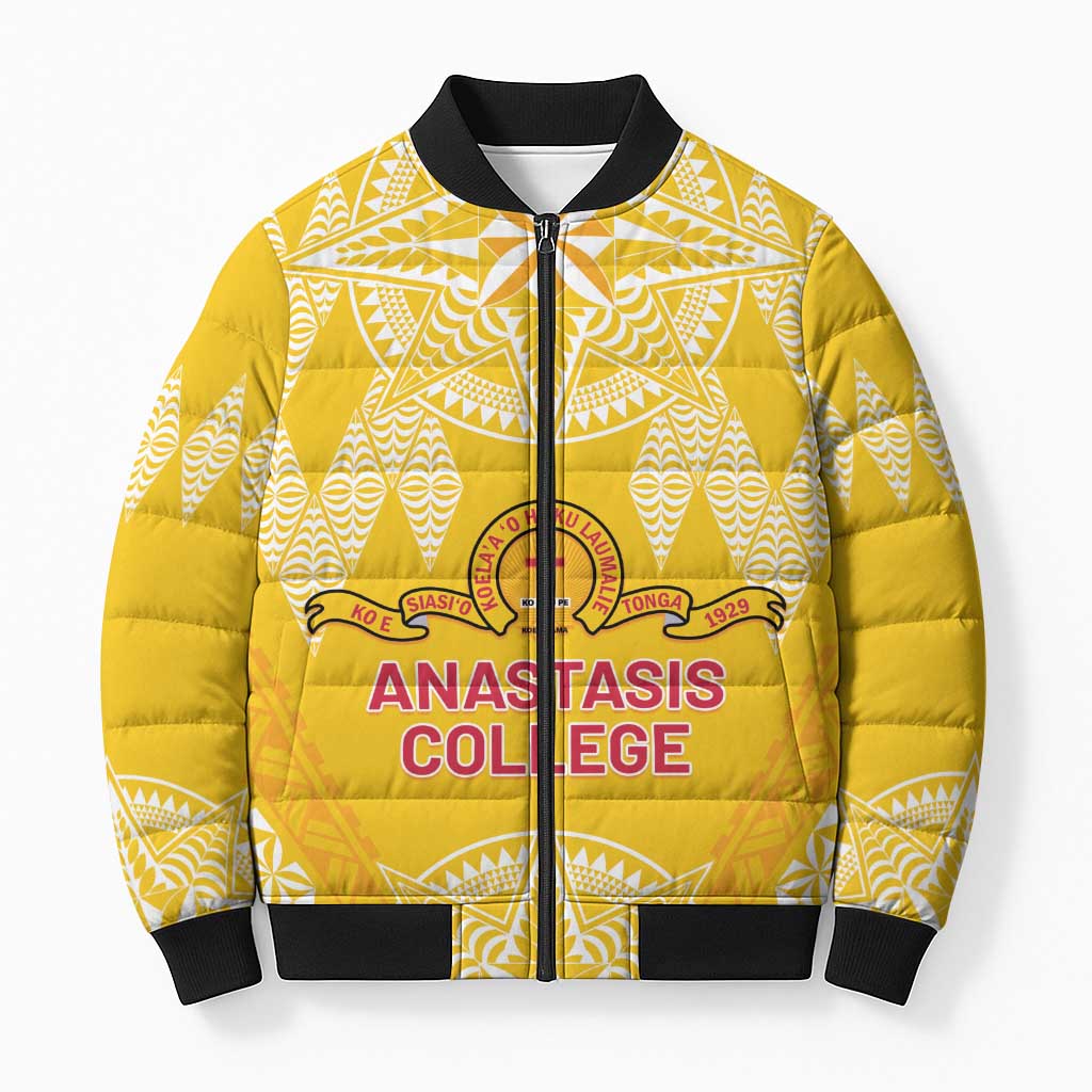 Personalised Anastasis College Bomber Puffer Jacket Tonga Ngatu Pattern LT05 Unisex Yellow - Polynesian Pride