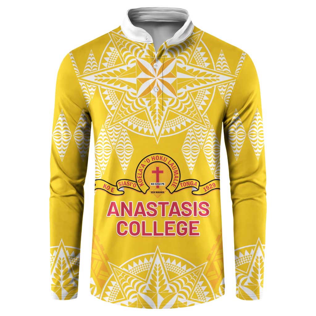 Personalised Anastasis College Button Sweatshirt Tonga Ngatu Pattern LT05 Yellow - Polynesian Pride