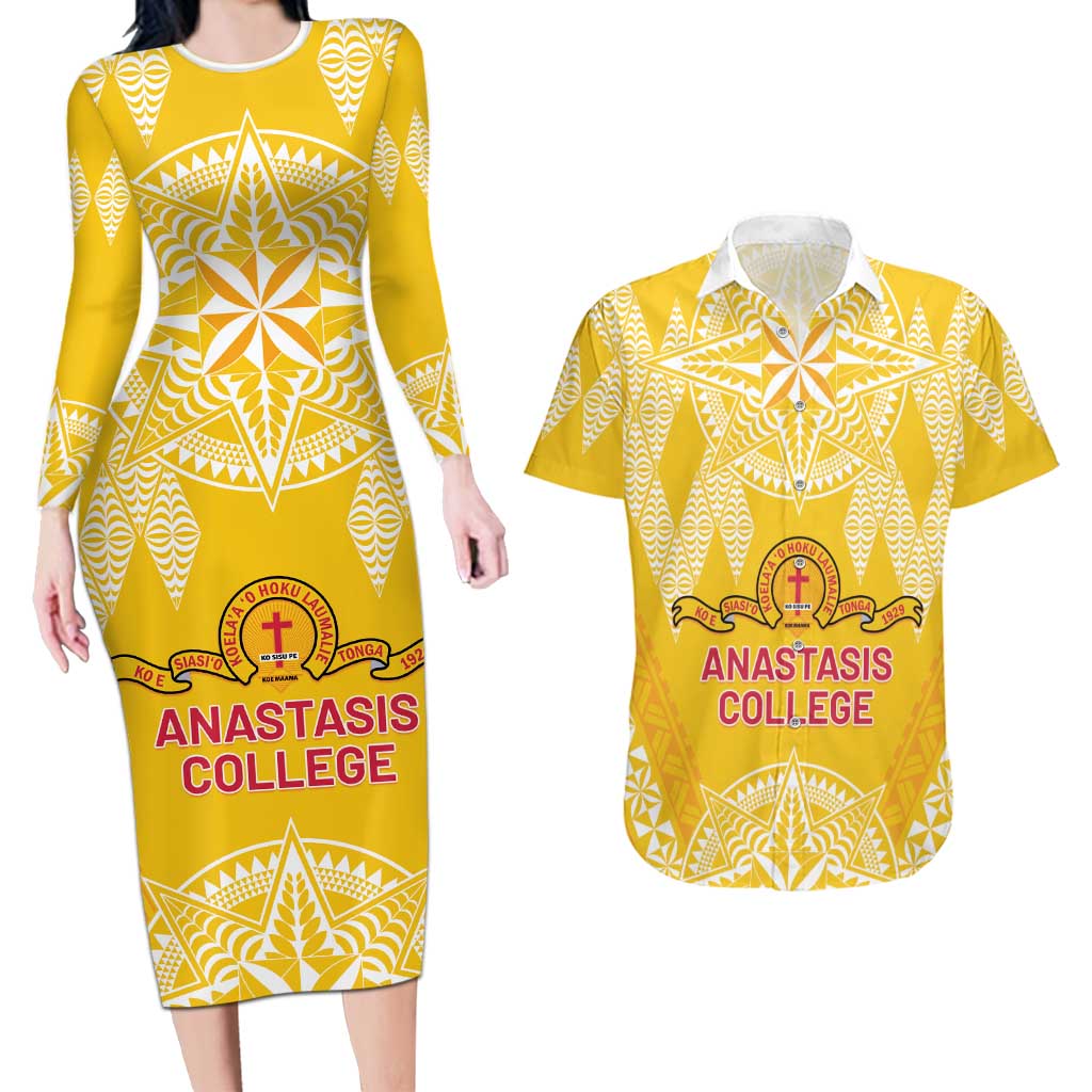Personalised Anastasis College Couples Matching Long Sleeve Bodycon Dress and Hawaiian Shirt Tonga Ngatu Pattern LT05 Yellow - Polynesian Pride