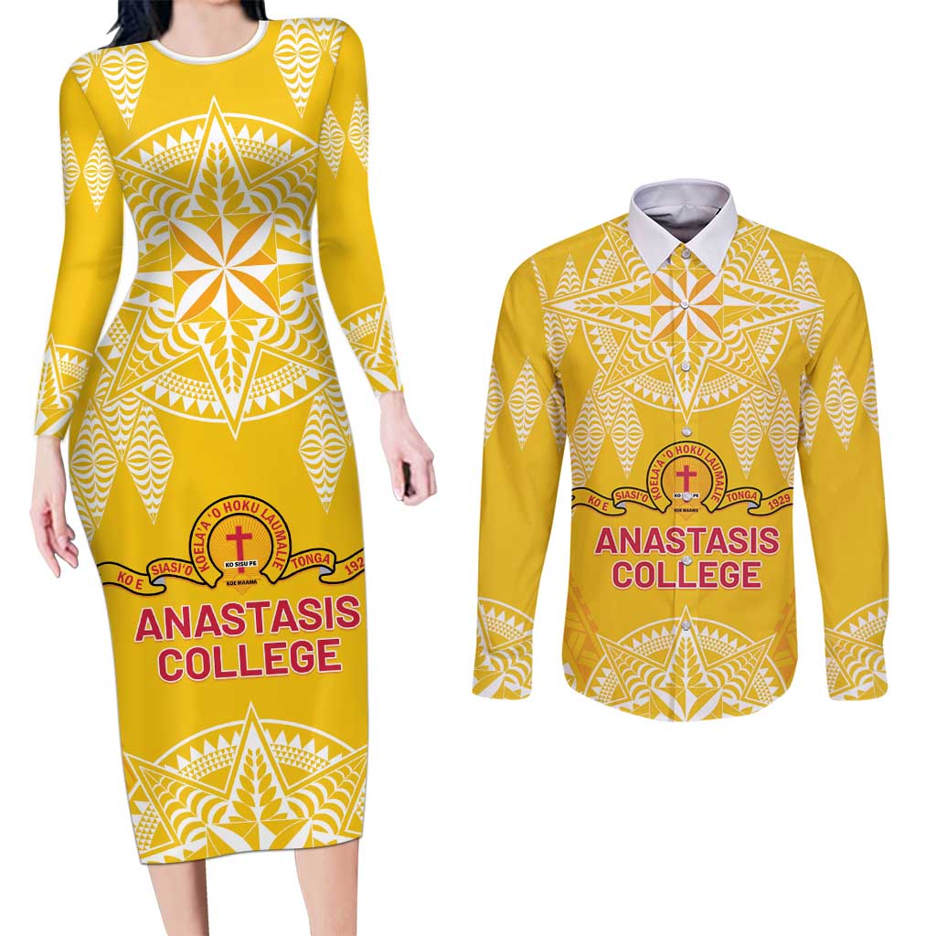 Personalised Anastasis College Couples Matching Long Sleeve Bodycon Dress and Long Sleeve Button Shirt Tonga Ngatu Pattern LT05 Yellow - Polynesian Pride