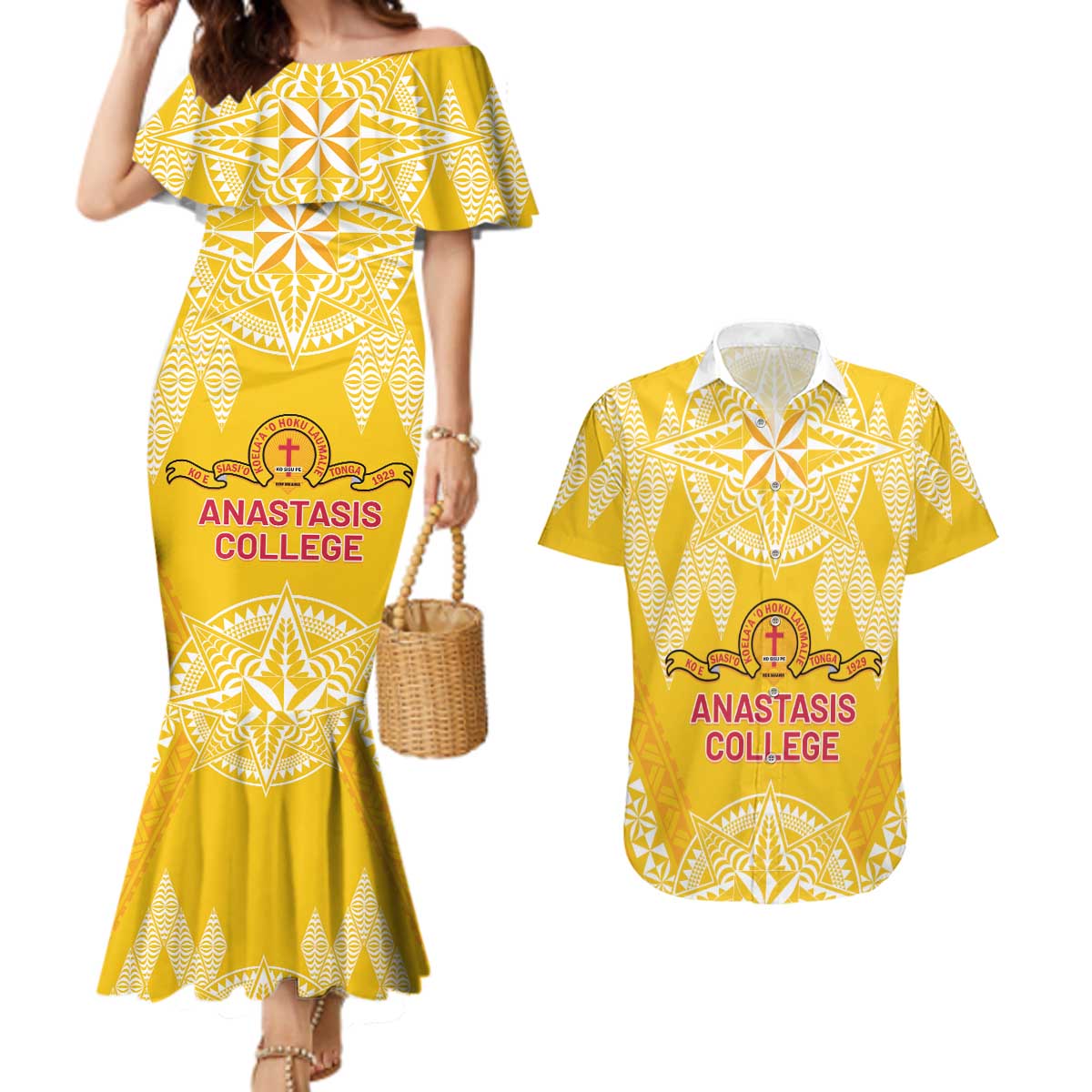 Personalised Anastasis College Couples Matching Mermaid Dress and Hawaiian Shirt Tonga Ngatu Pattern LT05 Yellow - Polynesian Pride
