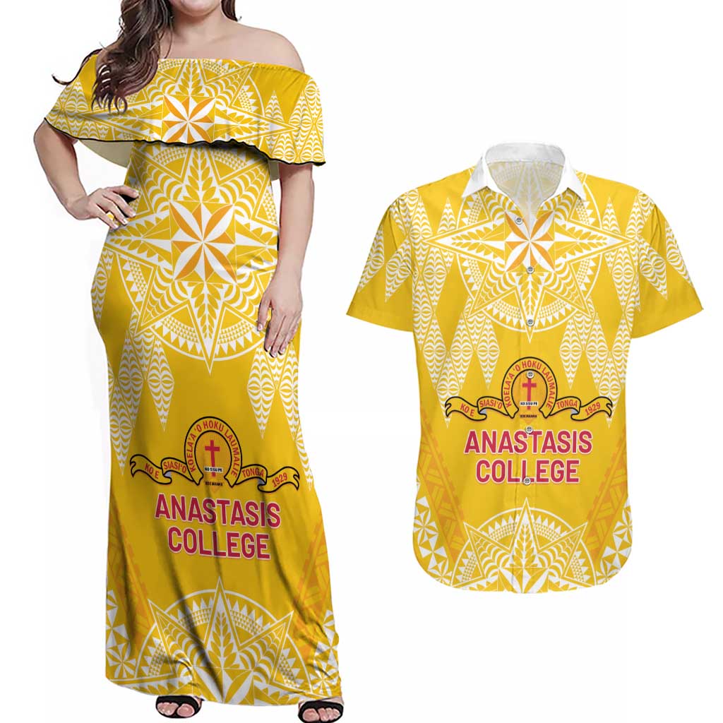 Personalised Anastasis College Couples Matching Off Shoulder Maxi Dress and Hawaiian Shirt Tonga Ngatu Pattern LT05 Yellow - Polynesian Pride