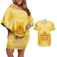 Personalised Anastasis College Couples Matching Off Shoulder Short Dress and Hawaiian Shirt Tonga Ngatu Pattern - Polynesian Pride