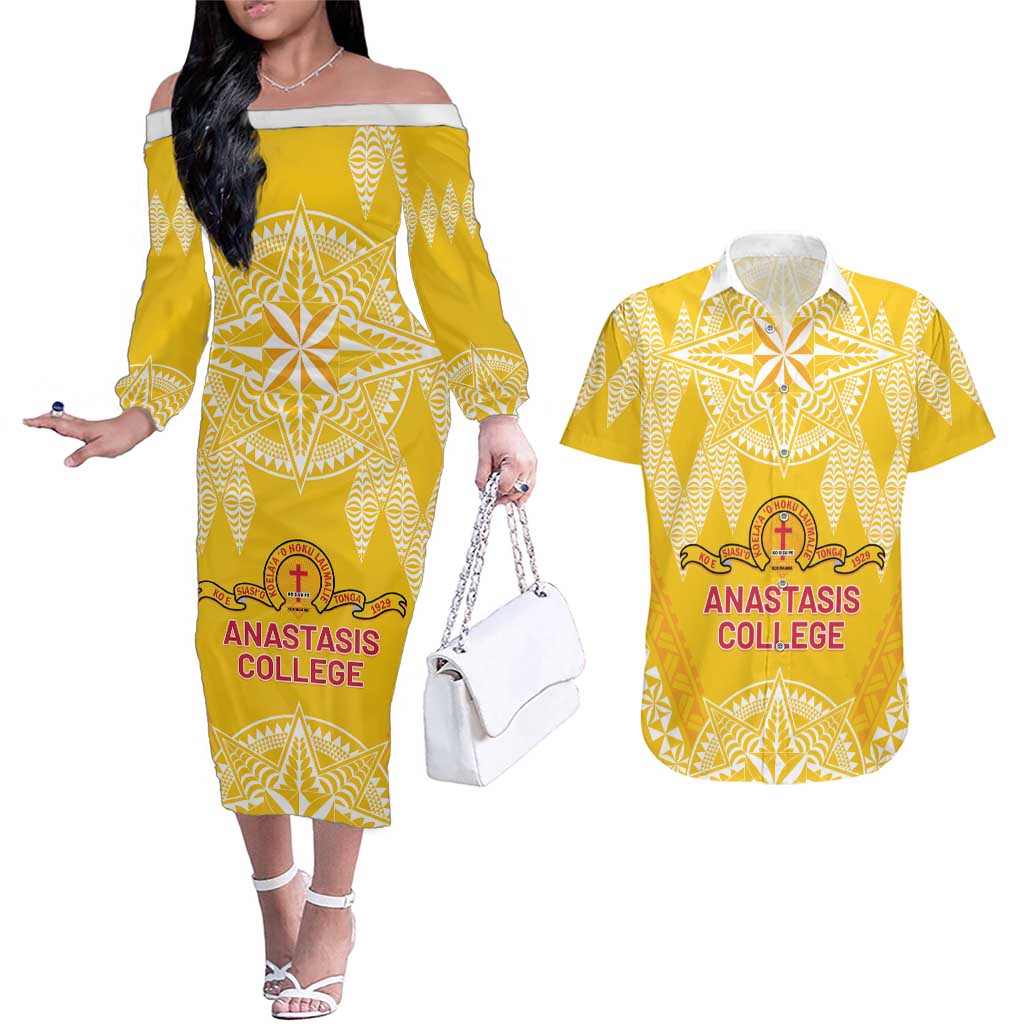 Personalised Anastasis College Couples Matching Off The Shoulder Long Sleeve Dress and Hawaiian Shirt Tonga Ngatu Pattern LT05 Yellow - Polynesian Pride