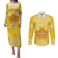 Personalised Anastasis College Couples Matching Puletasi and Long Sleeve Button Shirt Tonga Ngatu Pattern - Polynesian Pride