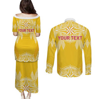 Personalised Anastasis College Couples Matching Puletasi and Long Sleeve Button Shirt Tonga Ngatu Pattern - Polynesian Pride