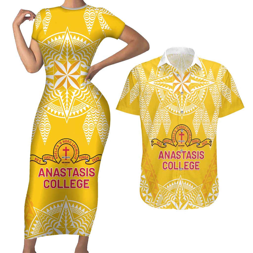 Personalised Anastasis College Couples Matching Short Sleeve Bodycon Dress and Hawaiian Shirt Tonga Ngatu Pattern LT05 Yellow - Polynesian Pride