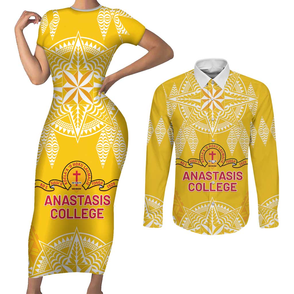 Personalised Anastasis College Couples Matching Short Sleeve Bodycon Dress and Long Sleeve Button Shirt Tonga Ngatu Pattern LT05 Yellow - Polynesian Pride